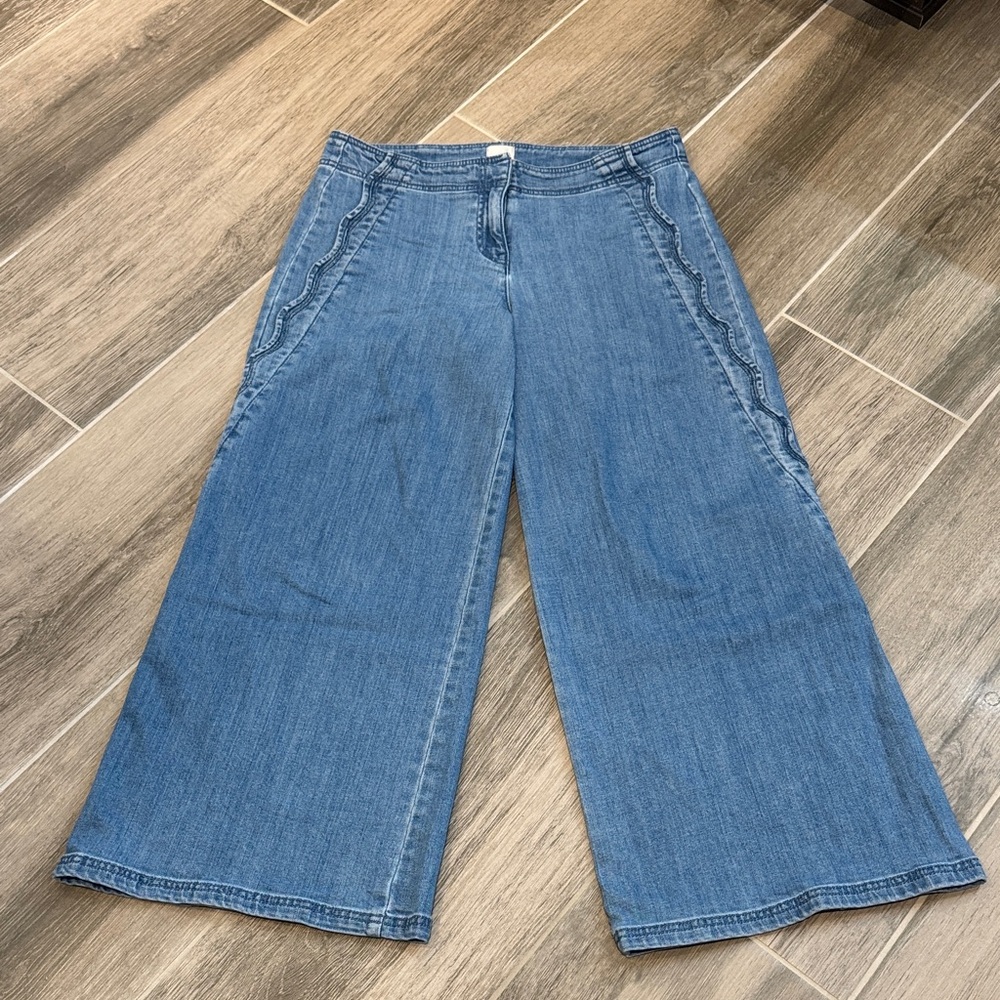 Anthropologie Maeve Scallop Edge High Rise Wide Leg Jeans 28 Petite
